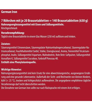 Buy German Iron Effervescent Tablets - 140 Pieces Cherry Taste - Sugar-Free Vegan - 14 mg Iron - T&D Pharma - Made in Germany - Buy Online on GoSupps.com