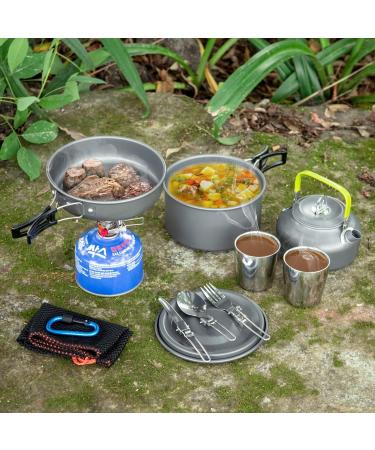 Odoland 12pcs Camping Cookware Mess Kit with Mini Stove - Lightweight Pot, Pan, Kettle, 2 Cups, Fork, Spoon Set for Backpacking, Camping, Hiking, Picnic - Outdoor Cooking Equipment - Buy Online on GoSupps.com