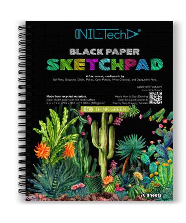 70 Sheets Premium Black Paper Sketchbook - 9 x 12 Inches (110 lb/180 GSM) Spiral Bound Black Drawing Mixed Media Paper for Gel Pens, Color Pencils, Chalk, Oil Pastels, and Glow in The Dark Paint Pack of 1, Black Paper