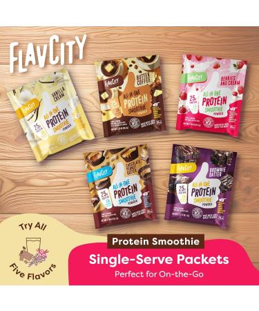 FlavCity Grass Fed Whey Protein Powder - Variety Pack - 25g Protein & 10g Collagen - 5 Single Serve Packets - Made with Organic Reishi & Cordyceps - Gluten Free & No Added Sugars - Buy Online on GoSupps.com