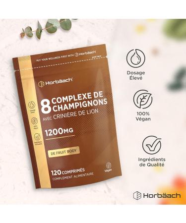 Complexe de 8 Champignons 1200 mg | Mushroom Supplement | Lions Mane Chaga Cordyceps Reishi Shiitake Maitake Shaggy Mane et Oyster | 120 g lules v g taliennes | par Horbaach - Buy Online on GoSupps.com
