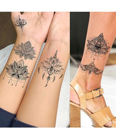 Sexy Black Lotus Temporary Tattoos - 15 Sheets, Fake Jewelry Indian Tribal Bohemia Lace Moon Moth Flowers Design for Women - Temporary Stickers for Girls Arm, Neck, Chest, Breast - EGMBGM - Buy Online on GoSupps.com