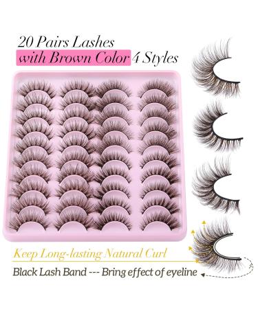 Newcally Brown Cat Eye Colored False Eyelashes - 20 Pairs 3D Wispy Faux Mink Pack, 4 Styles for Fluffy Natural Look - Buy Online on GoSupps.com