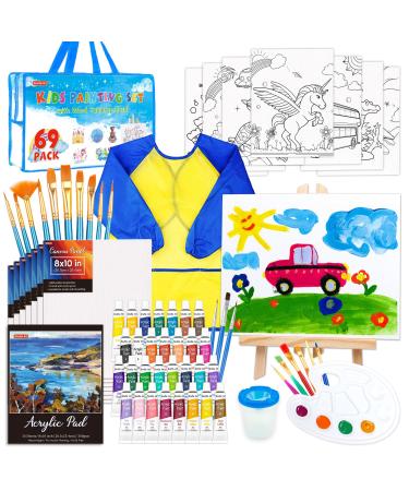 69 Pack Kids Paint Set Shuttle Art Art Set for Kids with 30 Colors Acrylic Paint Wood Easel Canvas Painting Pad Brushes Palette and Smock Complete Paint Set for Boys and Girls(package may very)