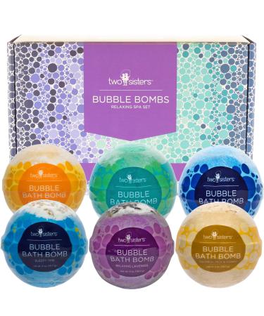 6 Relaxing Bubble Bath Bombs by Two Sisters Spa. 6-5oz Large 99% Natural Fizzies for Women Teens and Kids. Moisturizes Dry Sensitive Skin. Releases Color Scent and Bubbles. Lavender Eucalyptus Relaxing Variety Pack