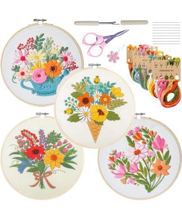 Fanryn 4 Pack Embroidery Kit for Beginners Adults Cross Stitch Kits with Floral Pattern and Instructions DIY Kits with 2 Embroidery Hoops Color Threads Needles Threader Scissors and Seam Ripper Kits 500