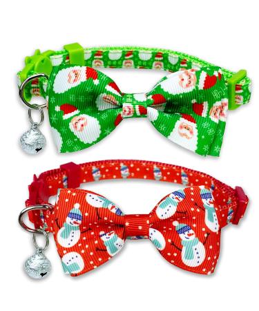 Christmas Cat Bow Tie Collar with Bell, 2 Pack Holiday Kitty Kitten Santa and Snowman Collar for Male Female Girls Boys