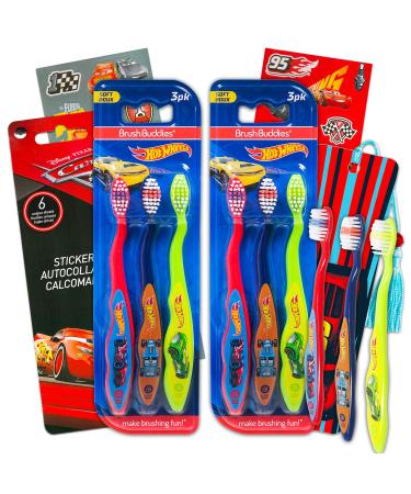 Hot Wheels Cars Boys Toothbrush Set - 6 Pack Toddlers Kids Toothbrush Set with Disney Cars Bookmark and Cars Stickers (Toothbrushes for Kids)