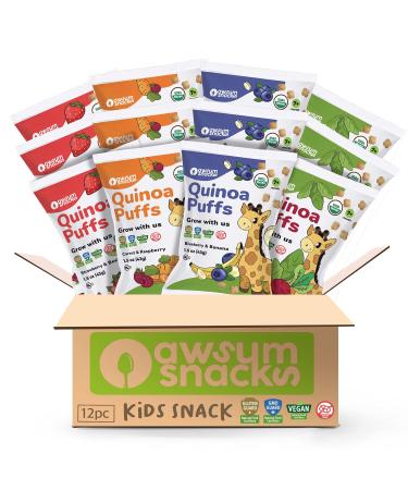 Awsum Snacks Quinoa Baby Puffs Healthy Kids Snack - Essentials Baby Food - USDA Organic Kosher Vegan Non GMO Gluten Free Puffed Cereal - Diabetic No Sugar - 1.5 Ounce - Pack of 12 Variety Pack