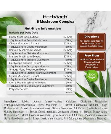 High Strength Mushroom Complex 8 Supplement - 120 Powder Capsules | Vegan | Horbaach - Buy Online on GoSupps.com