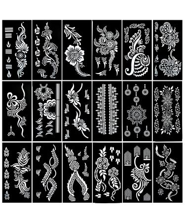 PADOUN 18-Sheet Henna Tattoo Stencils for Hands - Reusable Glitter Temporary Tattoo Templates  Indian Henna Tattoo Sticker Kit for Body  Arm  and Hand Painting