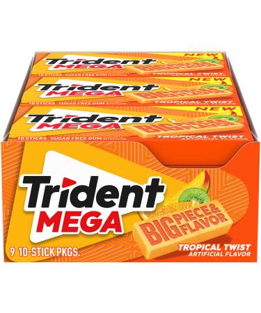Trident Mega Tropical Twist Sugar Free Gum, 9 packs of 10 Pieces (90 total pieces)