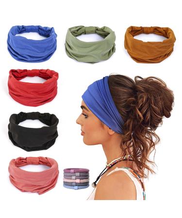 GiLi 6 Pack Wide Headbands for Women Non Slip Soft Elastic Hair Bands Yoga Running Sports Workout Gym Head Wraps , Knotted Cotton Cloth African Turbans Bandana ( with 6 Pcs Hair Ties) 6 Color (Black+Brown+Red+Green+Blue+Pink)