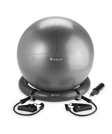 Gaiam Essentials Balance Ball & Base Kit, 65cm Yoga Ball Chair, Exercise Ball with Inflatable Ring Base for Home or Office Desk, Includes Air Pump Grey (w/ Resistance Cord)