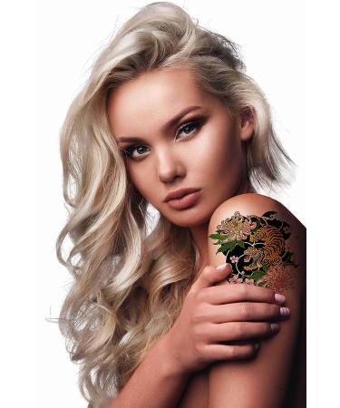 Japanese Tiger and Traditional Peony Temporary Tattoos - 6 Sheets, Fake Tattoos for Men and Women - Neck, Arm, Chest - 3.7 x 3.7 Inch - Buy Online on GoSupps.com