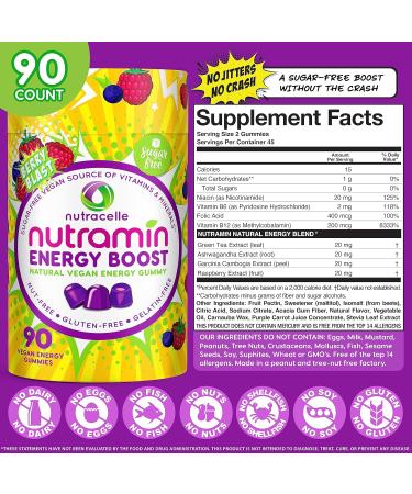 NUTRAMIN Energy Boost Vitamin Gummy | Caffeine-Free Vegan & Sugar-Free Energy Supplement with B12 Green Tea & Ashwagandha | 90 ct for International Shipping - Buy Online on GoSupps.com