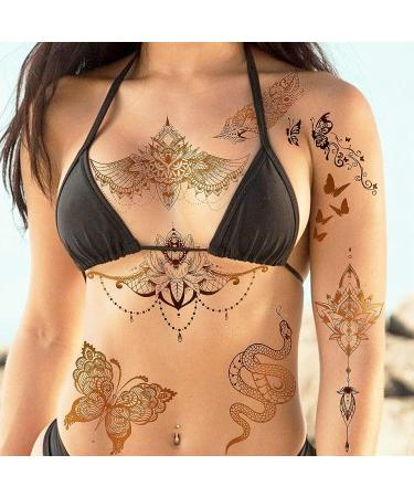 Rejaski 9 Sheets Flash Gold Metallic Temporary Tattoos - Bohemian Designs for Women, Adults - Fake Tattoo Stickers with Indian Tribal Elephant, 3D Wolf, Lion, Snake, Mandala Flower, Halloween Skull, Butterfly, Feather, Glitter - Buy Online on GoSupps.com