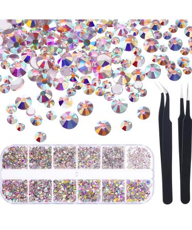 1728 Pieces Crystals Nail Art Rhinestones Round Beads Flatback Glass Charms Gems Stones and 2 Pieces Tweezers with Storage Organizer Box  SS3 6 10 12 16 20  288 Pieces Each Size (Crystal AB) 1728 Piece Set Crystal Ab