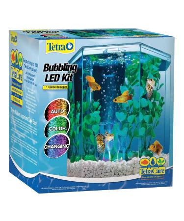 Tetra Bubbling LED Aquarium Kit 1 Gallon, Hexagon Shape, With Color-Changing Light Disc