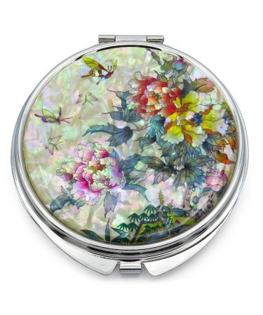 MADDesign Mother of Pearl Compact Makeup Mirror Folding Magnify Butterfly Flowers Pink Yellow
