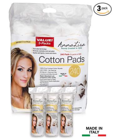 AnnaLisa 100% Pure Combed Cotton Rounds - 3 Packs of 80 | Hypoallergenic & Absorbent | 240-Piece Italian Facial Cleansing Pads - Buy Online on GoSupps.com
