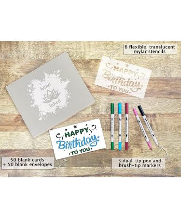 Hand Inked Card Making Kit - DIY Greeting Card Stencil Set | Stationary Box with Supplies - 50 Blank Cards, 50 Envelopes, 6 Stencils, 5 Brush Pens - Buy Online on GoSupps.com