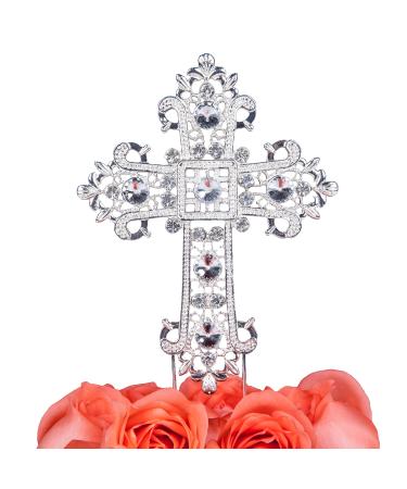 LOVENJOY Large Cross Cake Topper Silver Crystal Rhinestone Baptism Cake Topper for First Holy Communion Cake Decoration Gift Boxed
