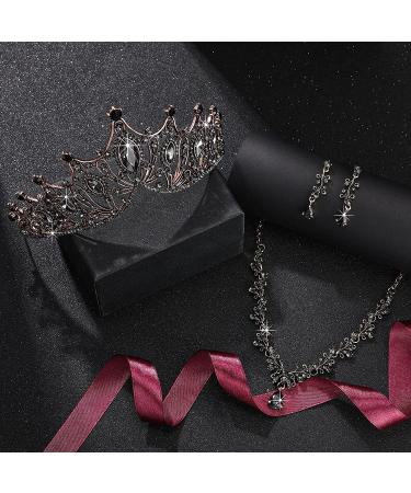 Baroque Queen Crown Set - Tiara, Earrings, Necklace & Headband | Crystal Jewelry for Women - Halloween, Prom, Wedding | Black - Buy Online on GoSupps.com