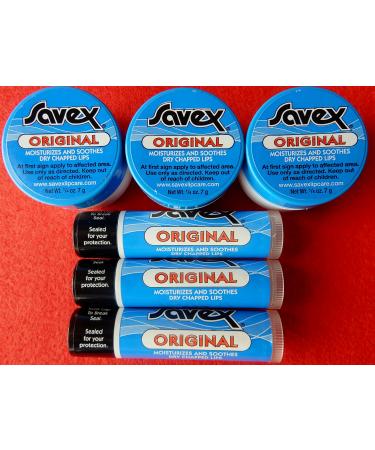 6 X SAVEX 3 ORIGINAL JARS & 3 STICKS LIP BALM FOR DRY & CHAPPED LIPS. MADED IN USA. UP-GRADE TO EXPEDITED MAIL. U.S. SELLER 1