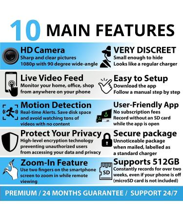Wireless Hidden WiFi Spy Camera Charger - HD 1080P Remote View - USB Nanny Security Cam for iOS Android - Premium Hidden Camera - Buy Online on GoSupps.com