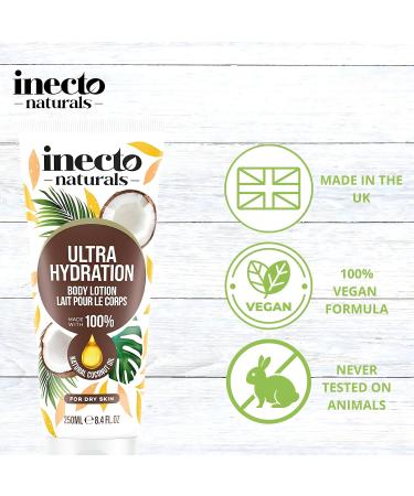 INECTO Natural Ultra Hydration Body Lotion 250ml 100% Natural Coconut Oil Made in UK Vegan Formula Ultra Hydration for Dry Skin - Buy Online on GoSupps.com