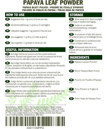 Indigo Herbs Papaya Leaf Powder 100g - Natural Immune Support Supplement - Buy Online on GoSupps.com