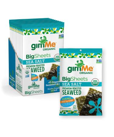 gimMe Organic Roasted Seaweed Sheets - Sea Salt - Big Sheets - Keto, Vegan, Gluten Free - Great Source of Iodine and Omega 3’s - Healthy On-The-Go Snack for Kids & Adults - (.92oz) - (Pack of 10) #3 - Sea Salt Roasted Se