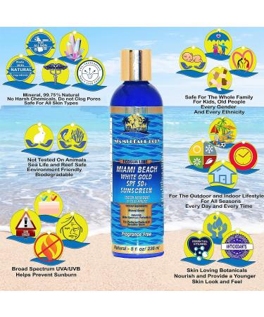 White Gold SPF 50+ Mineral Sunscreen Lotion for Body and Face | Miami Beach Body | 80 min Water Resistant | Broad Spectrum | Hypoallergenic | Non-Comedogenic - Buy Online on GoSupps.com