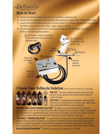 Belloccio Complete Professional Sunless Tanning Airbrush System - Premium Airbrush Compressor Hose & Opulence Solution for All Skin Types | International Shipping Available - Buy Online on GoSupps.com