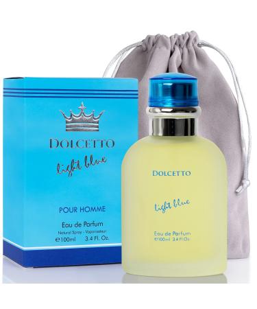 Dolcetto Light Blue for Men - 3.4 Fl. Oz. 100ml Men's Perfume with NovoGlow Carrying Pouch - Refreshing Combination of Woody Floral & Aquatic Fragrance - Scent Lasts All Day A Gift for Any Occasion