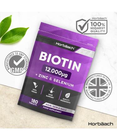 Biotin Tablets 12000ug | 180 Count | High Strength Complex with Zinc and Selenium | Vegan Supplement | by Horbaach - Buy Online on GoSupps.com