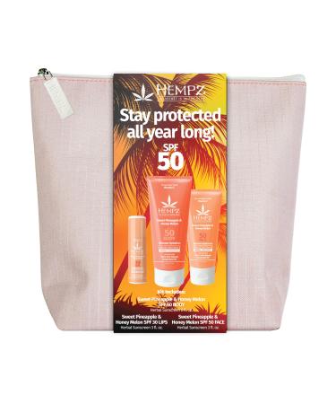 Hempz Daily Essentials Face Body & Lip Balm 50 SPF Sunscreen Kit - Sweet Pineapple & Honey Melon Scent Includes Sunscreen For Face Body Lips & A Free On-The-Go Bag