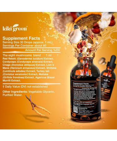 Kiki Green 8 Mushrooms Liquid Extract Drops - Adaptogenic Complex for Cognitive Support Immunity Boost - Lions Mane Supplement Cordyceps Chaga Reishi Shiitake Maitake Red Reishi - Buy Online on GoSupps.com