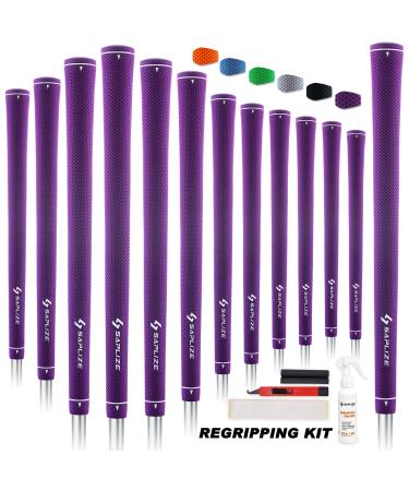 SAPLIZE CC02 Rubber Golf Grips, Options of Upgrade kit(13 Grips with 15 Tapes) or Deluxe Kit(13 Grips with Solvent kit) 6 Pure Colors Available, Standard/Midsize Anti-Slip Rubber Golf Club Grips Purple, 13 grips with full solvent kit Standard