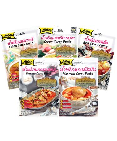 Lobo Variety Curry Paste (Red, Green, Yellow, Masaman, Panang Curry Paste - One of Each, 5 Total) Variety Pack 1.76 Ounce (Pack of 5)