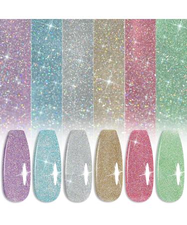 YTD Likomey Colorful Glitter Gel Nail Polish Set,Sparkly Rainbow 6 Colors with Base and Top Coat Manicure Kit, Lavender Purple Mint Blue Silver Champagne Gold Ruby Red Pink Grass Green Glitter UV Nail Gel Polish,8 Pcs 6ml