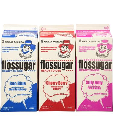 Cotton Candy Floss Sugar-Blue Raspberry Pink Vanilla & Cherry- 3.25 lbs. (3 pack) 52 Ounce (Pack of 3)