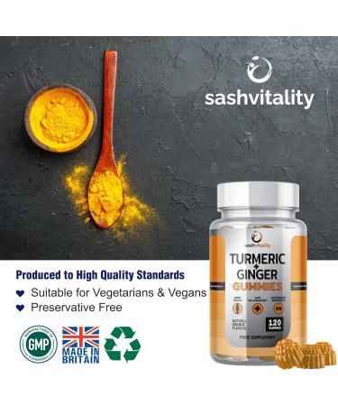 Turmeric & Ginger Gummies - 120 High Potency Antioxidant & Anti-Inflammatory - Joint Health Support - Pain Relief - UK Made by Sash Vitality (Orange Flavour) - Buy Online on GoSupps.com