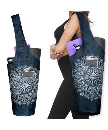 Fashion Printed Yoga Mat Bag with Large Side Pocket & Zipper Pocket Long Tote Yoga Bag Fit Most Size Mats - Holds More Yoga Accessories Mandala Black 37"x15.5"