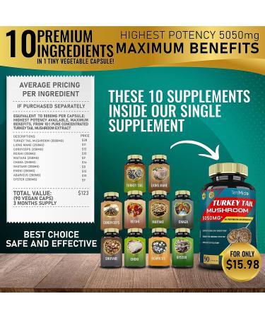 Tenmido 10-in-1 Turkey Tail Mushroom Extract 5050mg with Lions Mane, Cordyceps, Reishi & More - 3 Months Supply | Supports Digestive Function & Immune System - Buy Online on GoSupps.com
