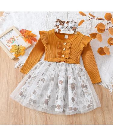 Haokaini Toddler Baby Girls Floral Dress | Long Ruffle Sleeve Cotton Ribbed Bow Splicing Dress | Princess Tutu Skirt Fall Clothes Set | 2-3 Years | Khaki - Buy Online on GoSupps.com