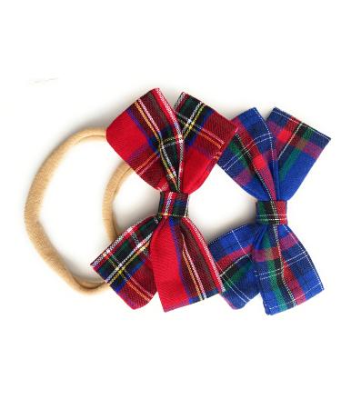 Beautiful Baby Bow Knot Plaid Gingham Festival Occasion Party Birthday Hair Accessory Soft Elastic Headbands (2 Sets)