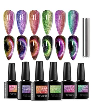 S. S FOCEN Moonstone Cat Eye Polish Gel Set 9D Cat Eye Soak Off Gel Starry Sky Effect Magic Gel 6 Colors Nail Polish Kit Manicure Nail Art Gift With 1 Magnet Stick