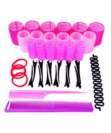 FROZZKY Hair Rollers for Long Hair - Set 37 PCs - 18 Self Grip Velcro Hair Curlers for Long Hair 12 Duck Bill Clips 2 Combs 1 French Braiding Tool 4 Hair Bands for Thick Thin Fine Short Hair